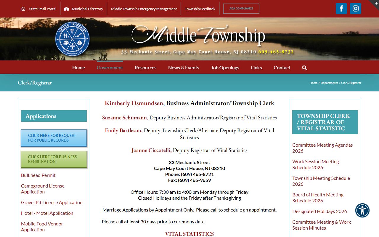 Middle Township registrar for Cape May County marriage records