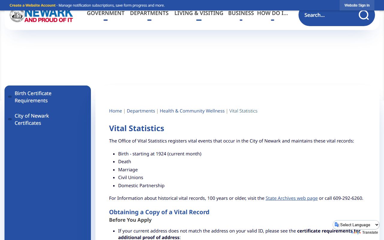 Newark vital statistics office for Essex County marriage records