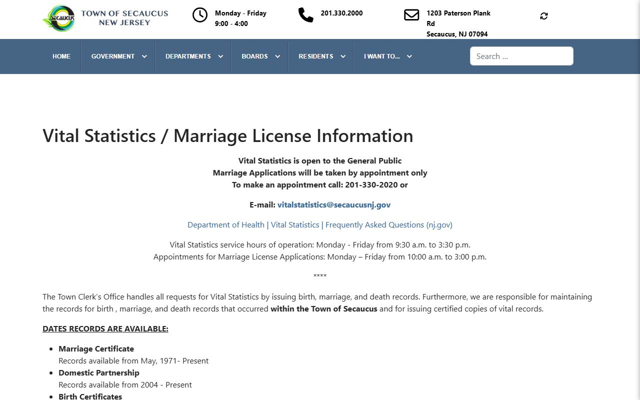 Secaucus vital statistics for Hudson County marriage records