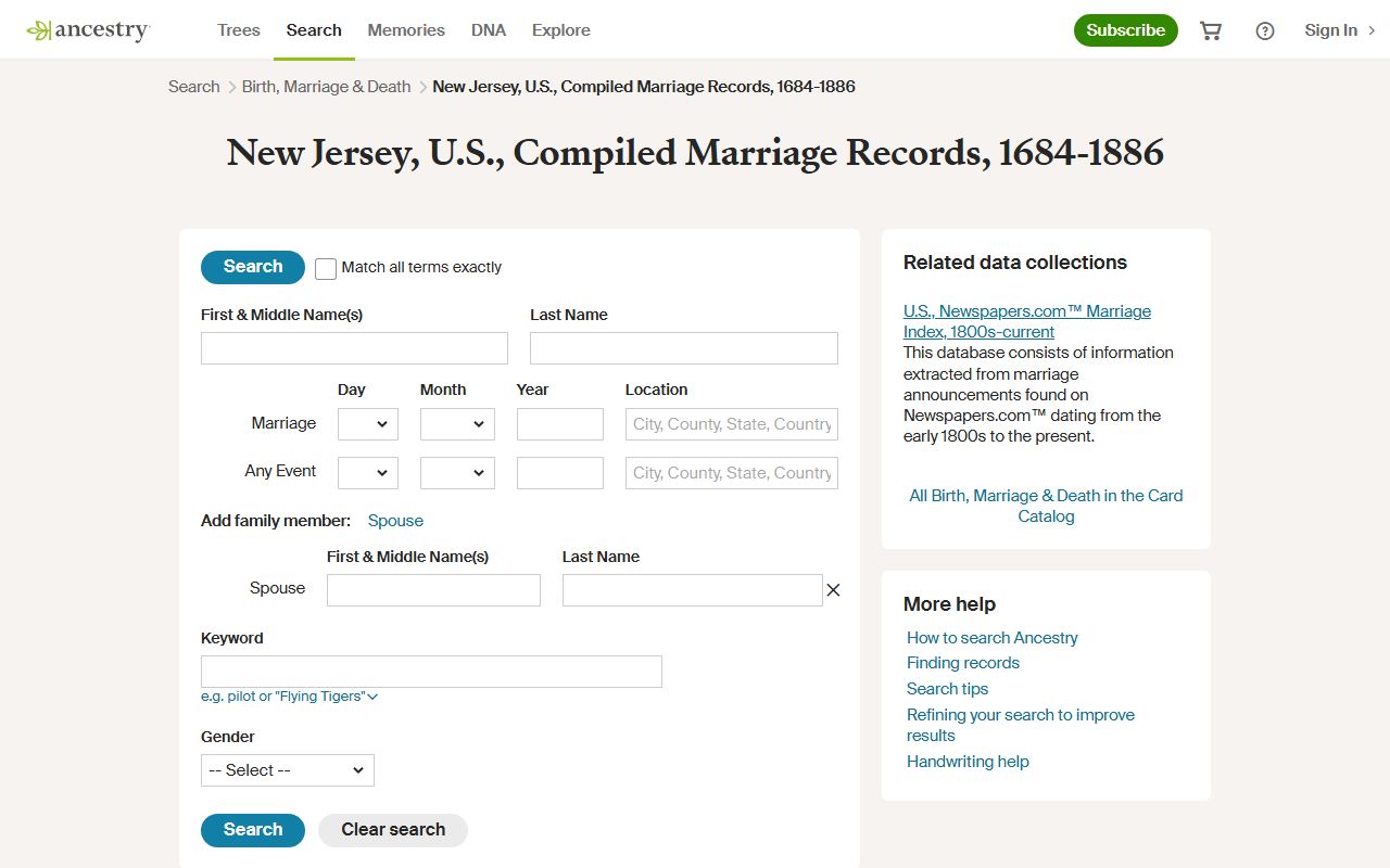 Ancestry compiled marriages database for searching New Jersey marriage records