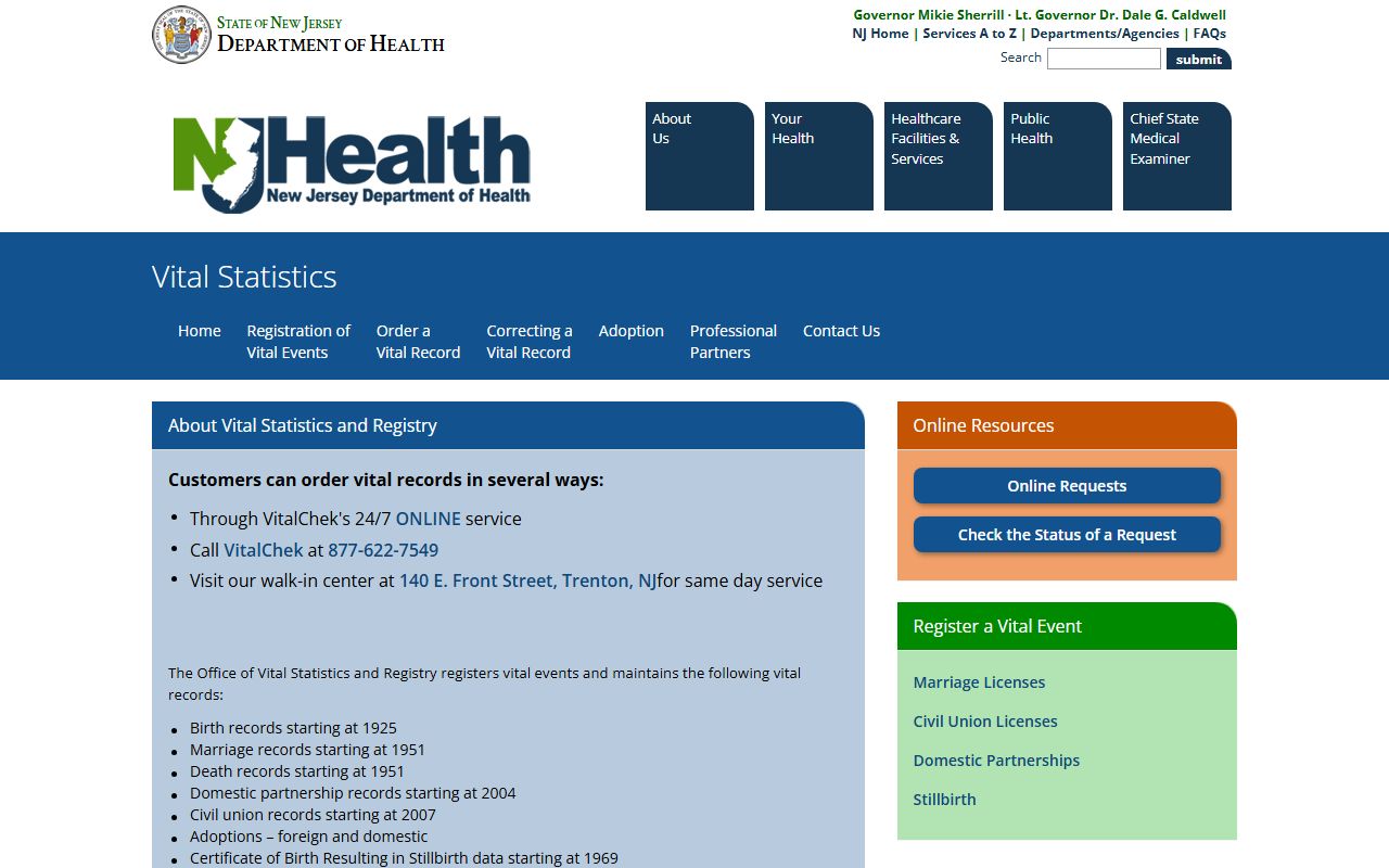 New Jersey Department of Health vital statistics page for ordering New Jersey marriage records
