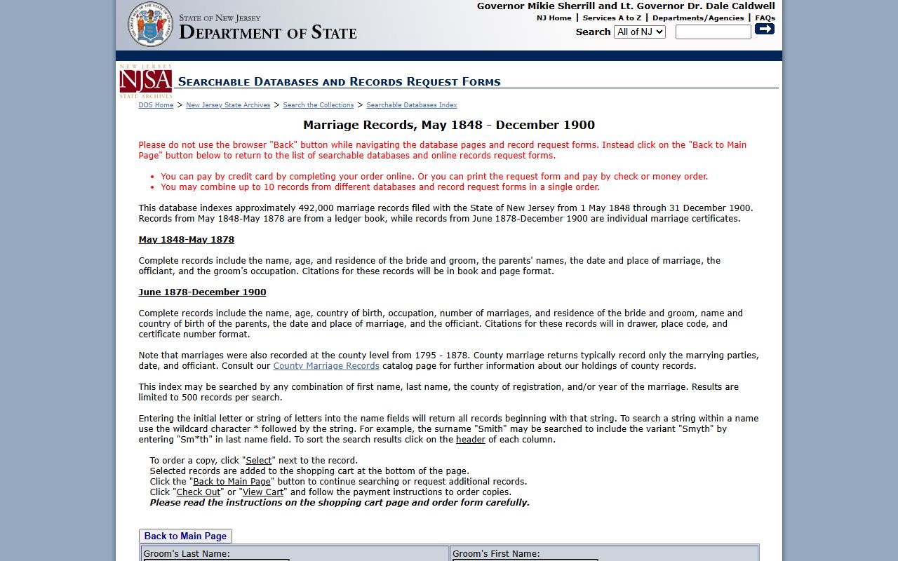 New Jersey State Archives marriage database for searching historical New Jersey marriage records