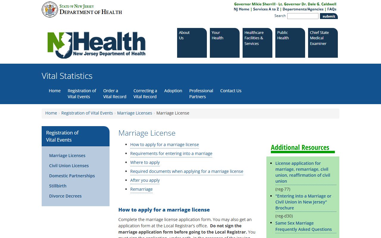 New Jersey marriage license requirements page showing steps to obtain New Jersey marriage records