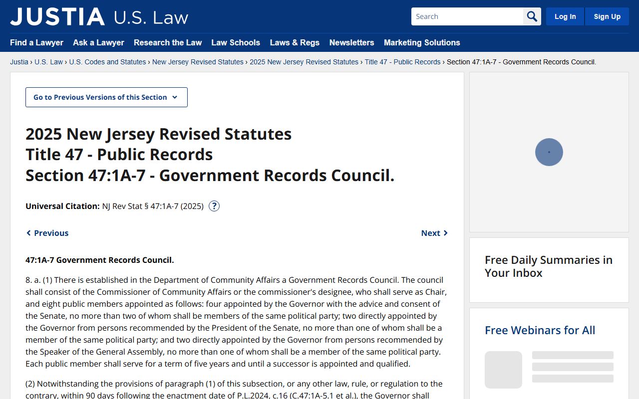 OPRA statute page showing public access rules for New Jersey marriage records