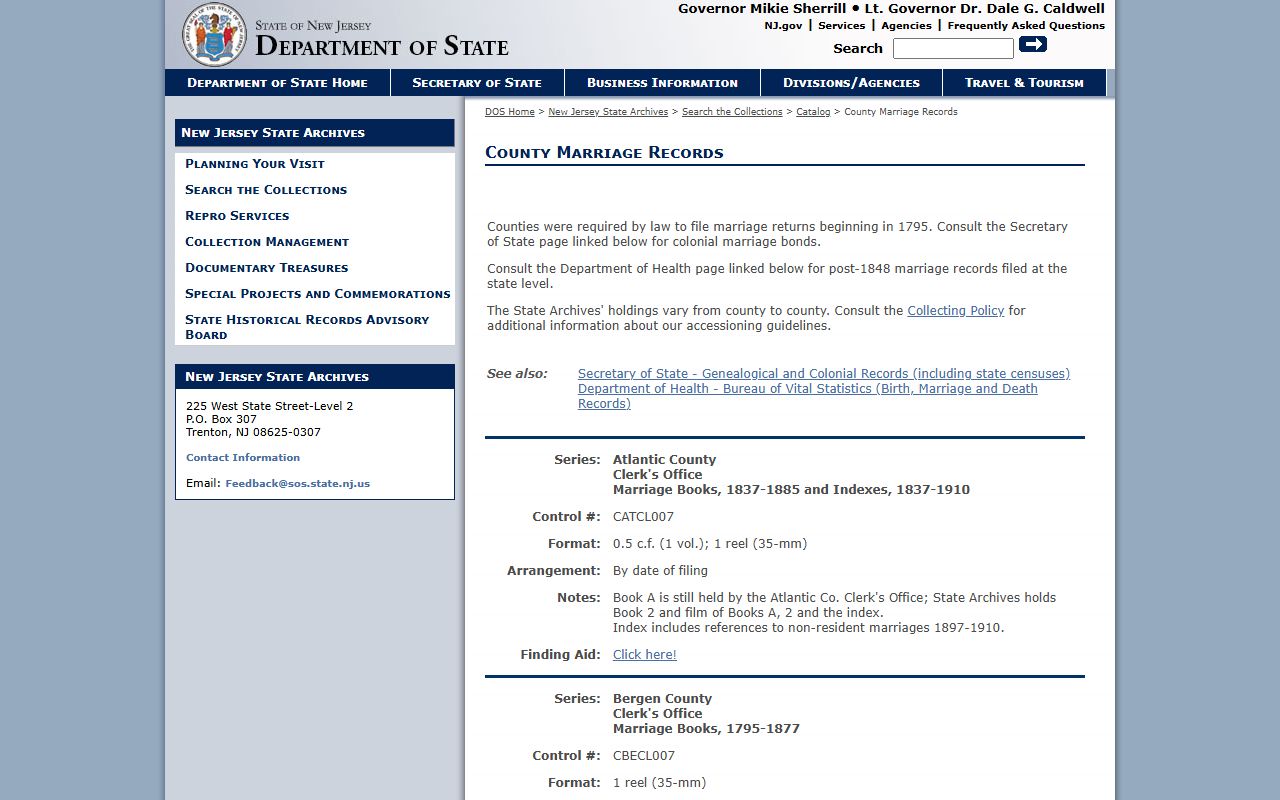 New Jersey State Archives county marriage catalog for locating New Jersey marriage records by county