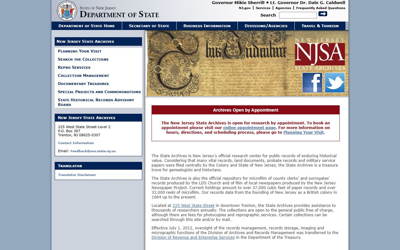 New Jersey State Archives main page for researching New Jersey marriage records