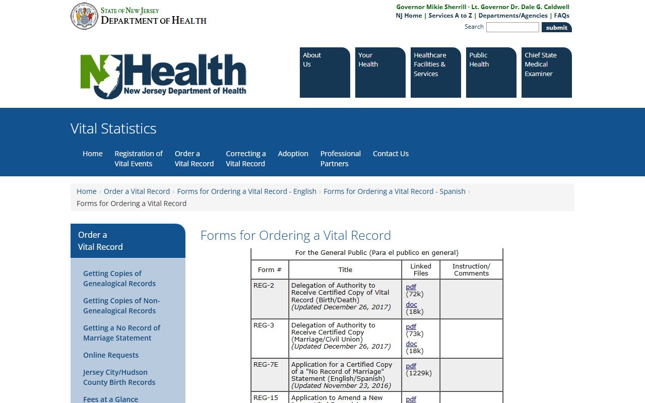 New Jersey vital records forms page for requesting New Jersey marriage records
