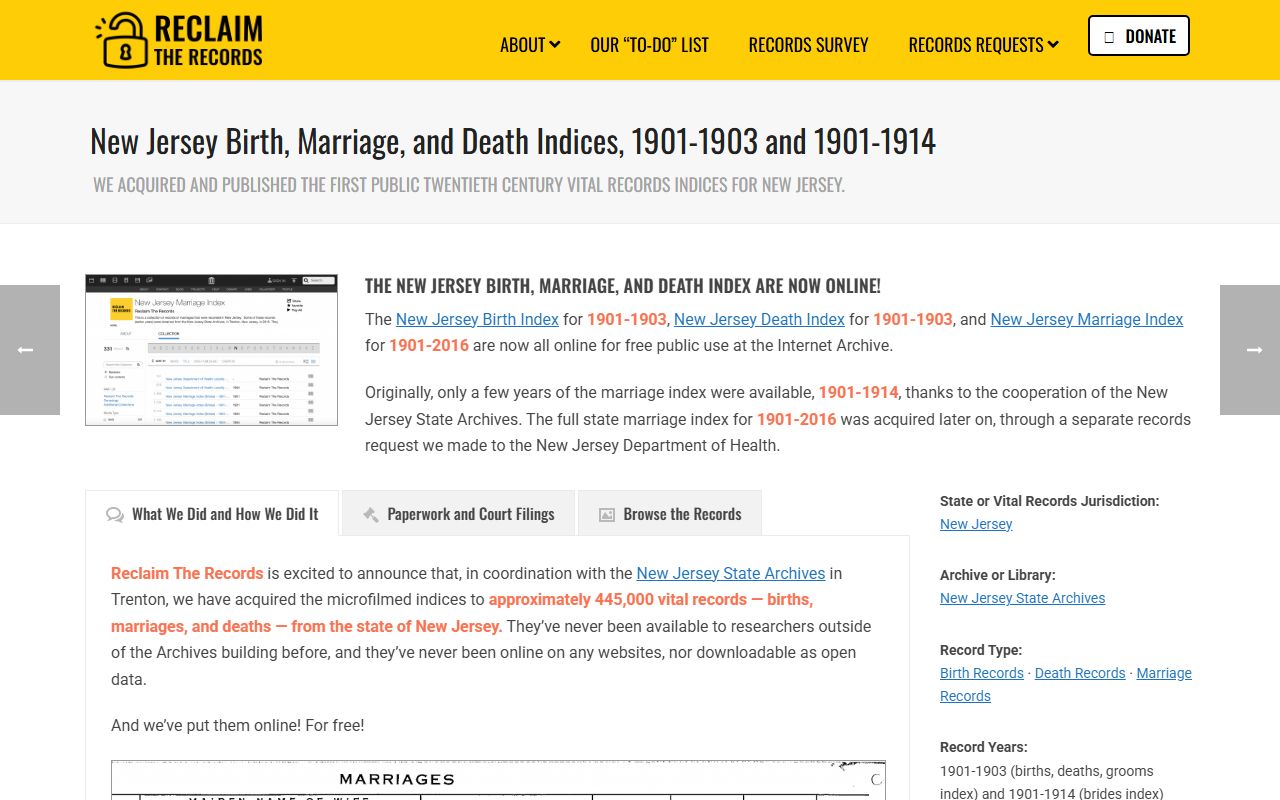 Reclaim The Records page showing free New Jersey marriage records index